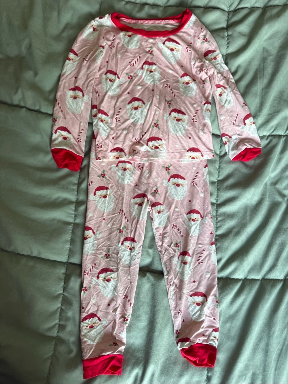 Mud Pie Pink Santa Print Kids Pajama Set with Red Trim